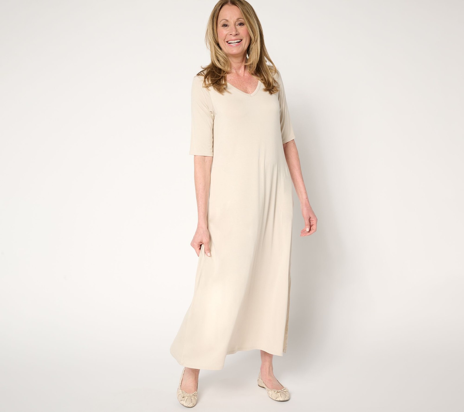 Belle by Kim Gravel Petite Rayon Spandex Elbow Sleeve Maxi Dress Sand Bar XS New
