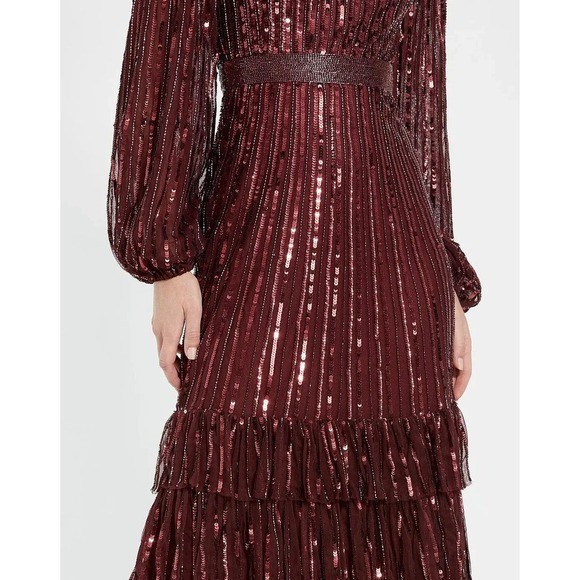 Mac Duggal Burgundy Red Embellished Long Sleeve Ruffle Midi Dress 18 $698