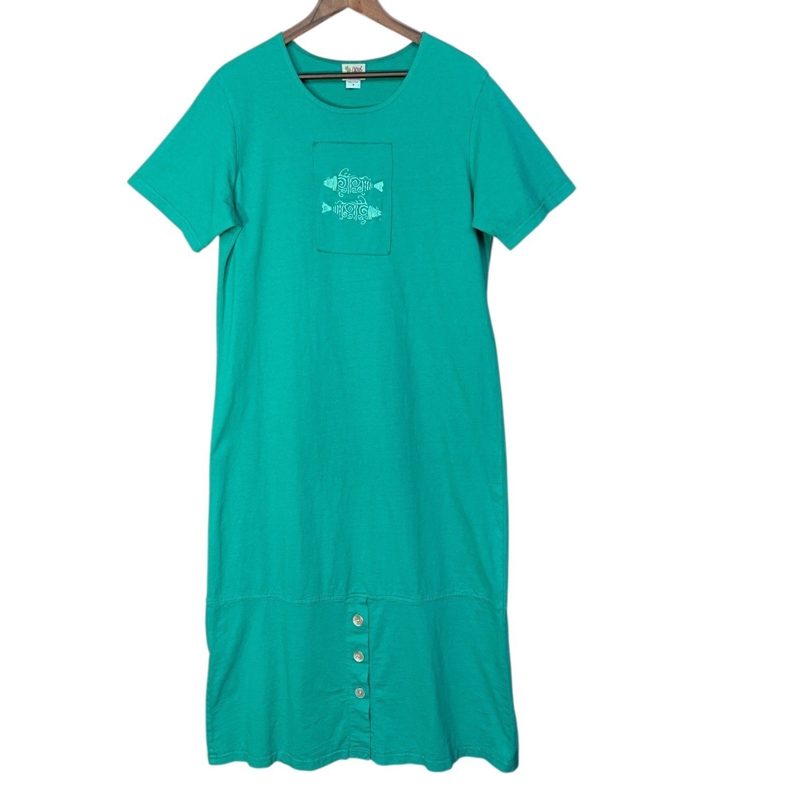 Cactus California Womens Teal Green Cotton Fish Graphic Midi T-Shirt Dress M USA
