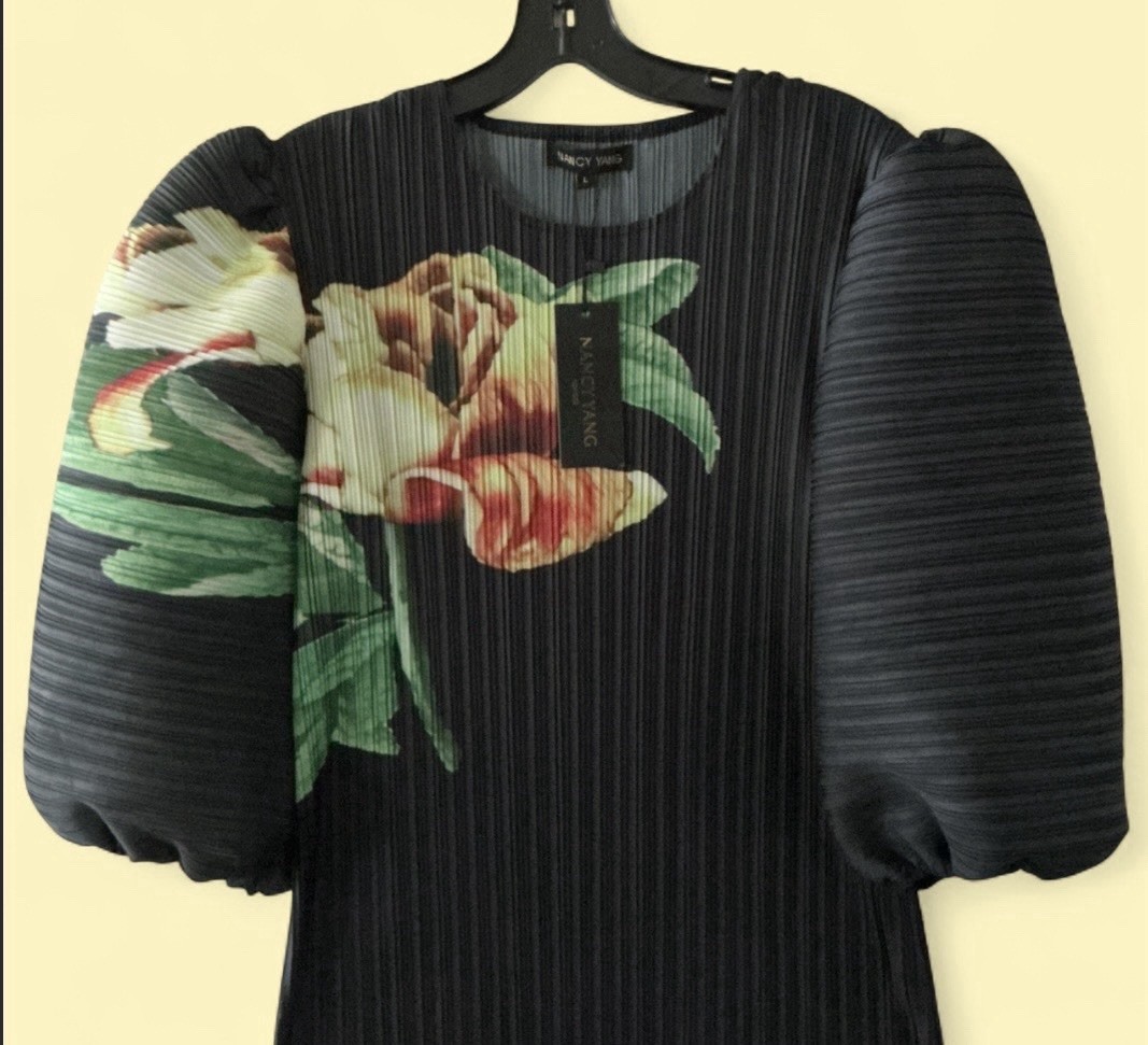 Nancy Yang Black Multi Color Pleated Puff Sleeve Round Neck Floral Dress Large