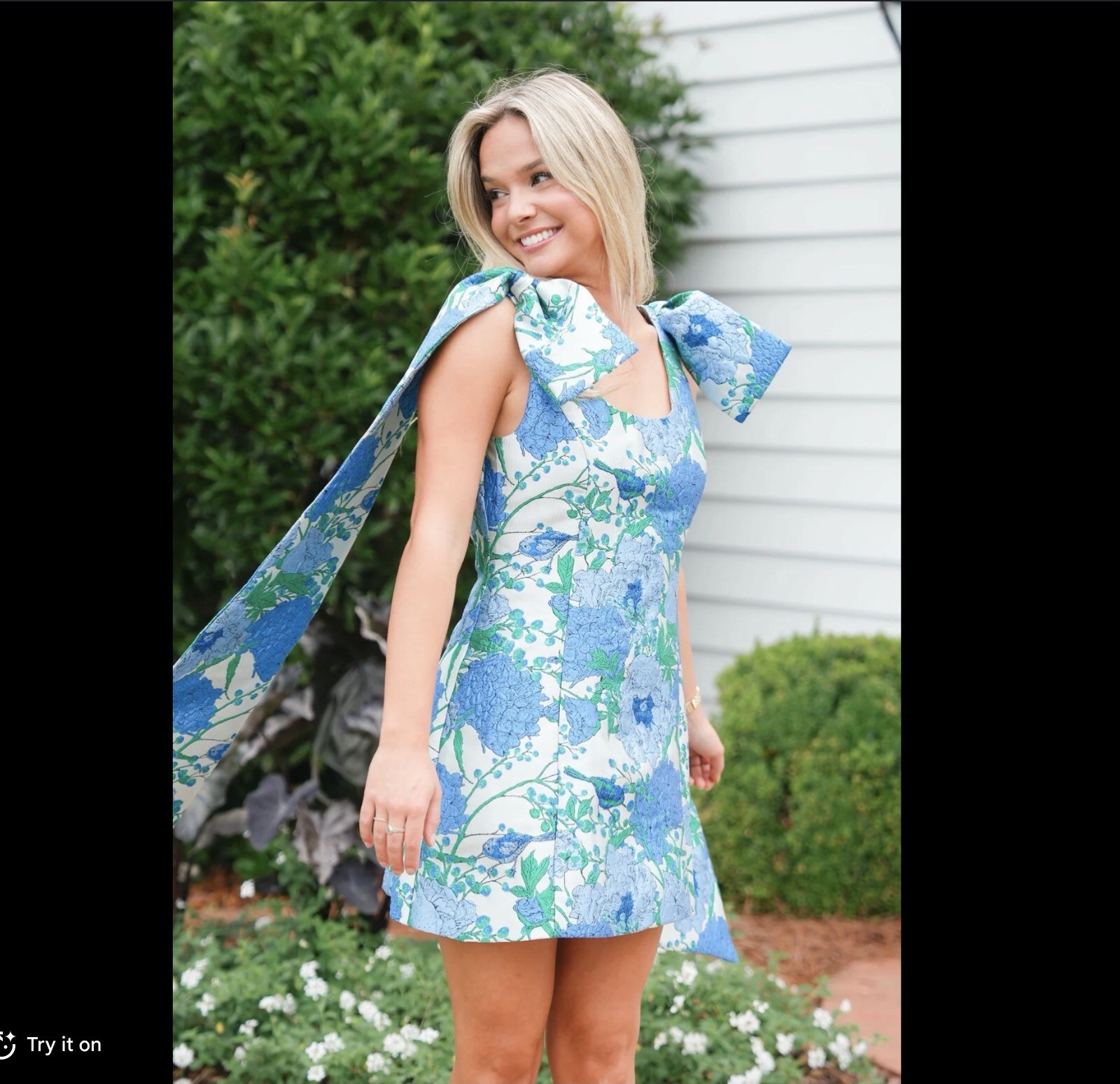 Sugarlips Willa XS Blue Floral Jacquard Bow Shoulder Mini Dress Wedding Party