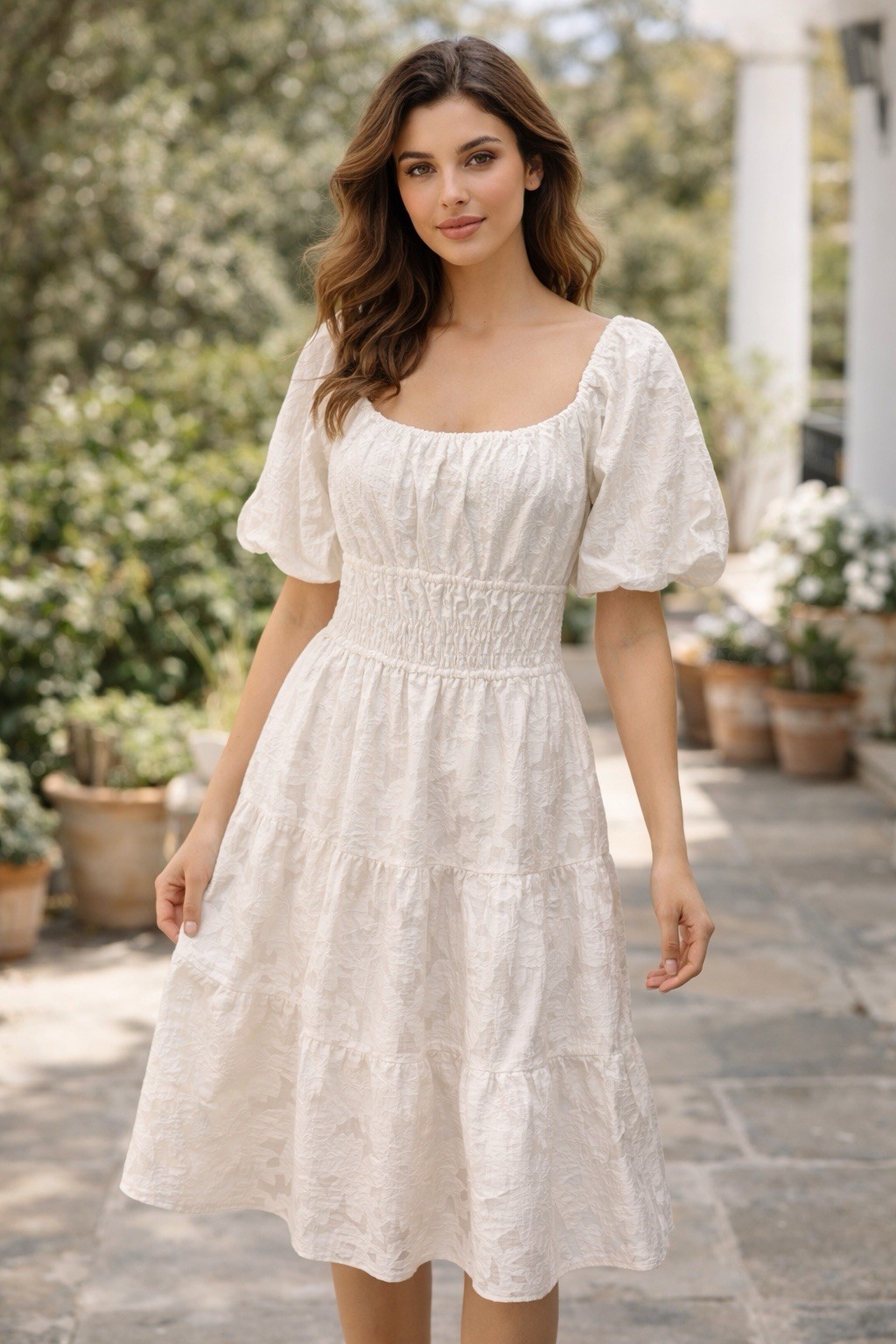 Pinch Puff Sleeve Tiered Midi Dress Sz L Textured White Lined Floral Bridal Tea