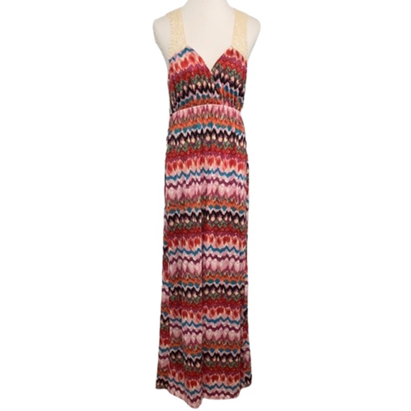 Karlie Red Maxi Dress Medium Multicolor Crochet Open Back Boho Festival Chevron