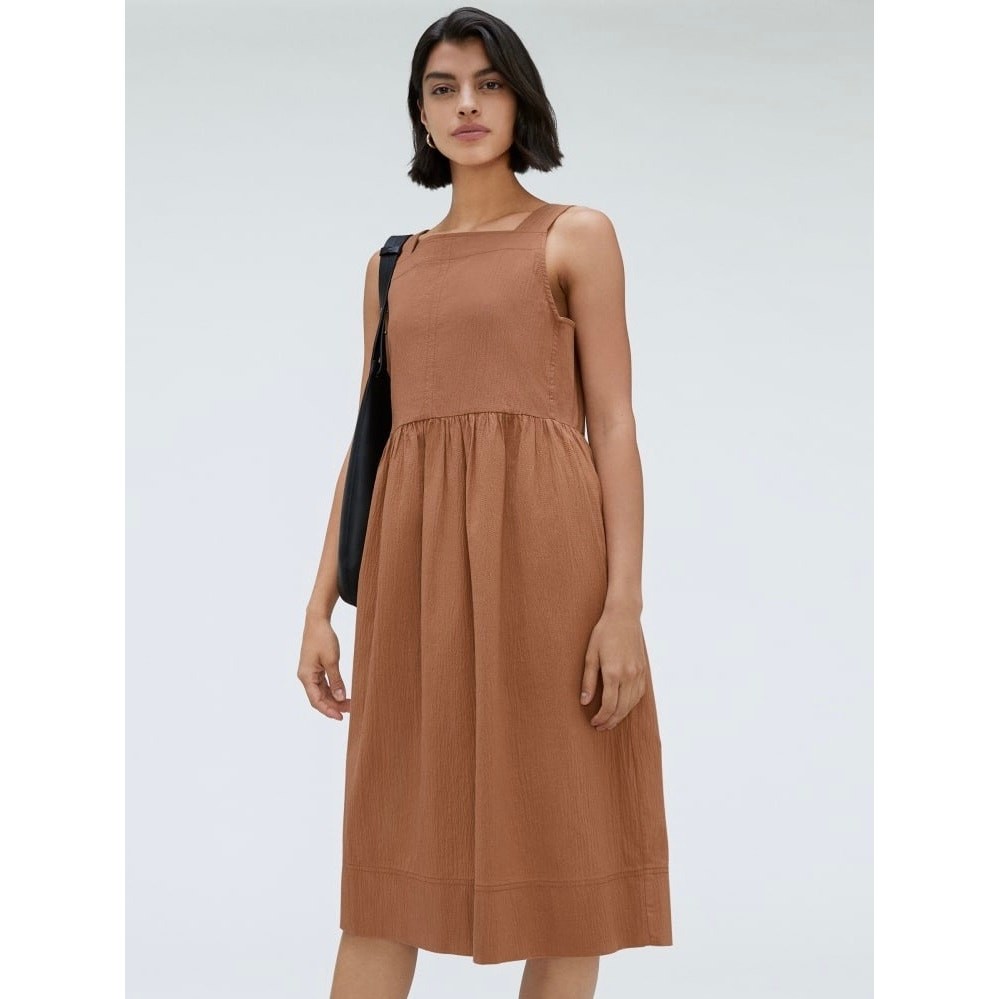 Everlane Sz M SEERSUCKER MIDI DRESS Terracotta Rust Square Neck Organic Cotton