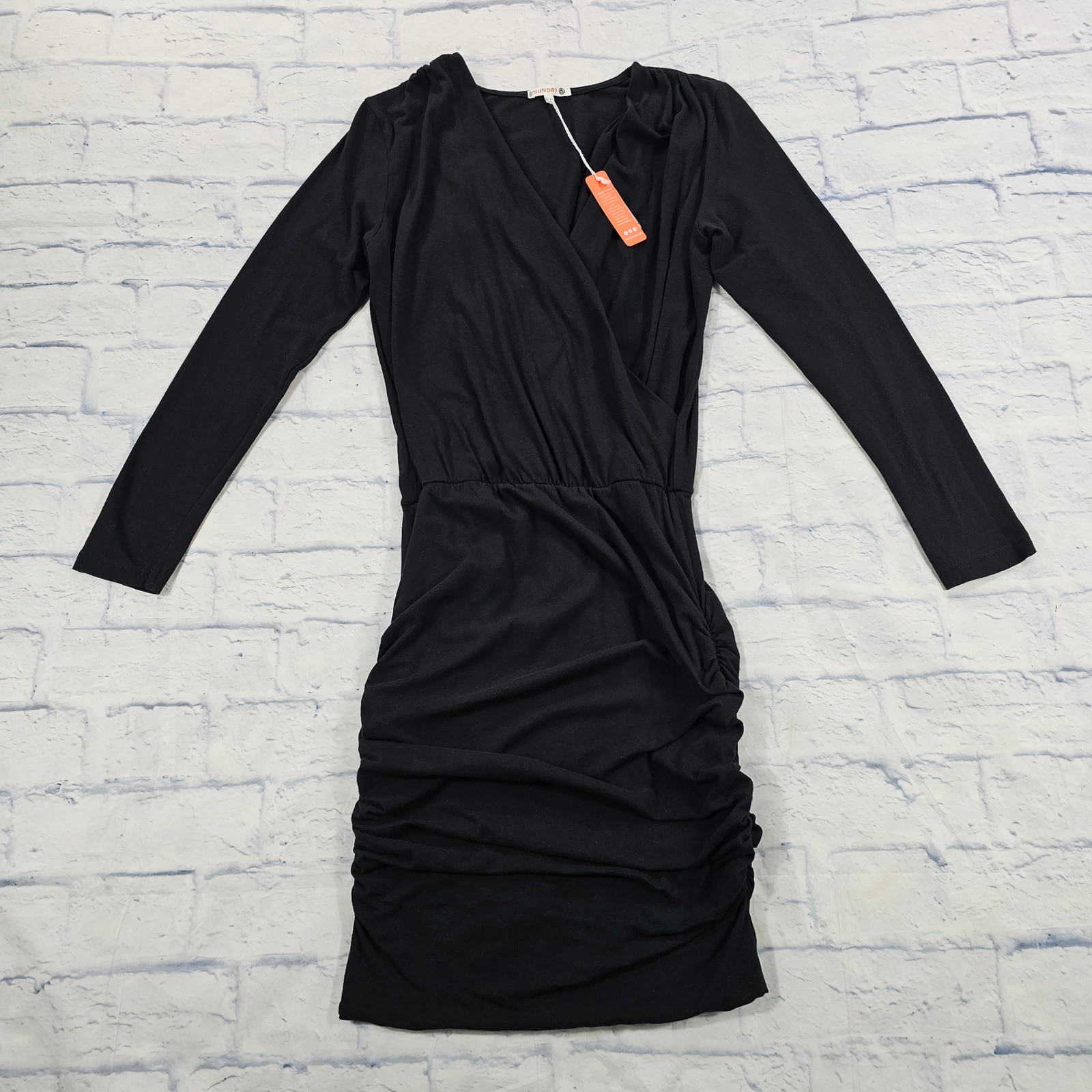 Sundry Surplice Ruched Dress Womens 1 Small Black Long Sleeve V-Neck Made in USA