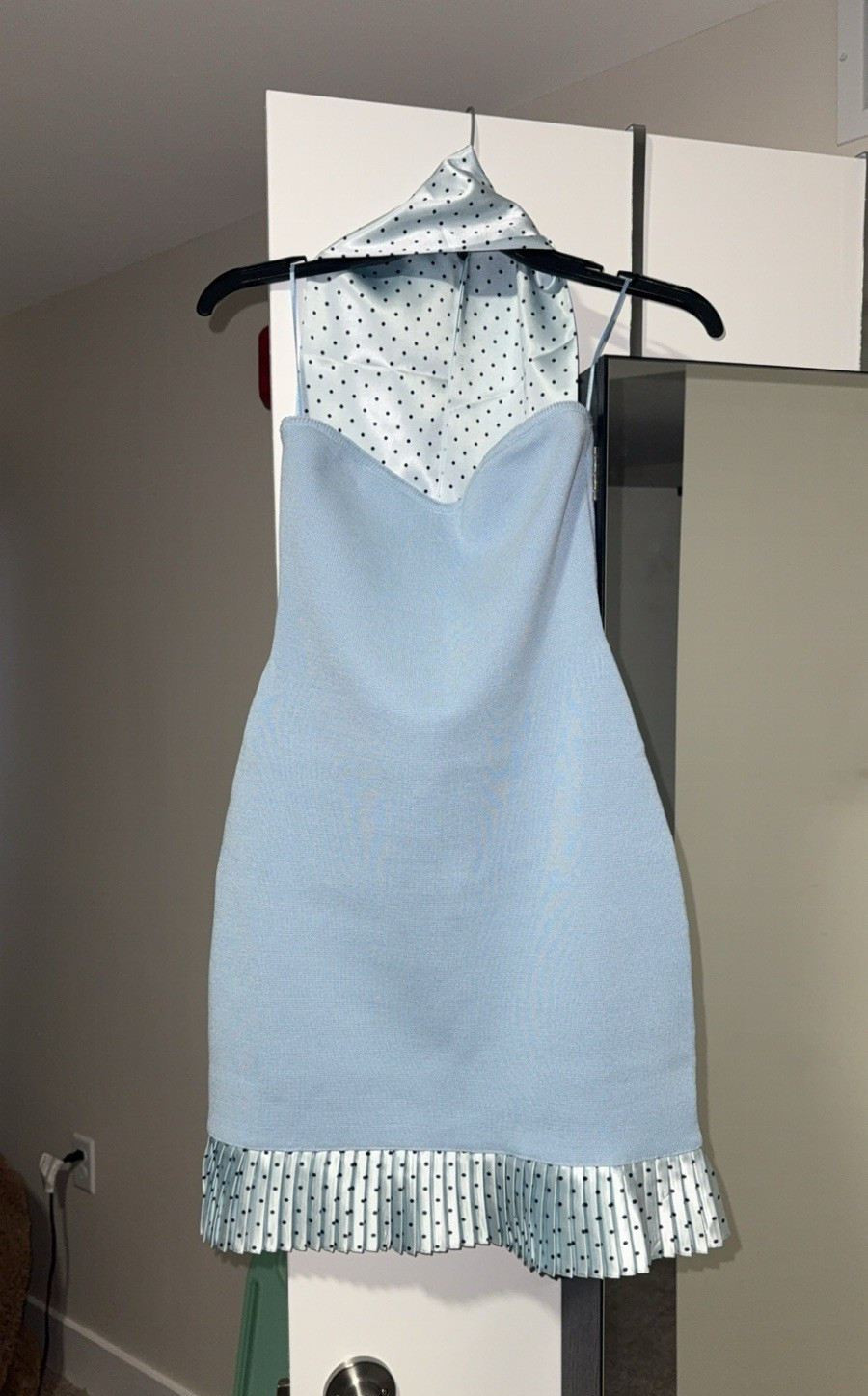 Light Blue Strapless Bodycon Dress (small) with satin scarf