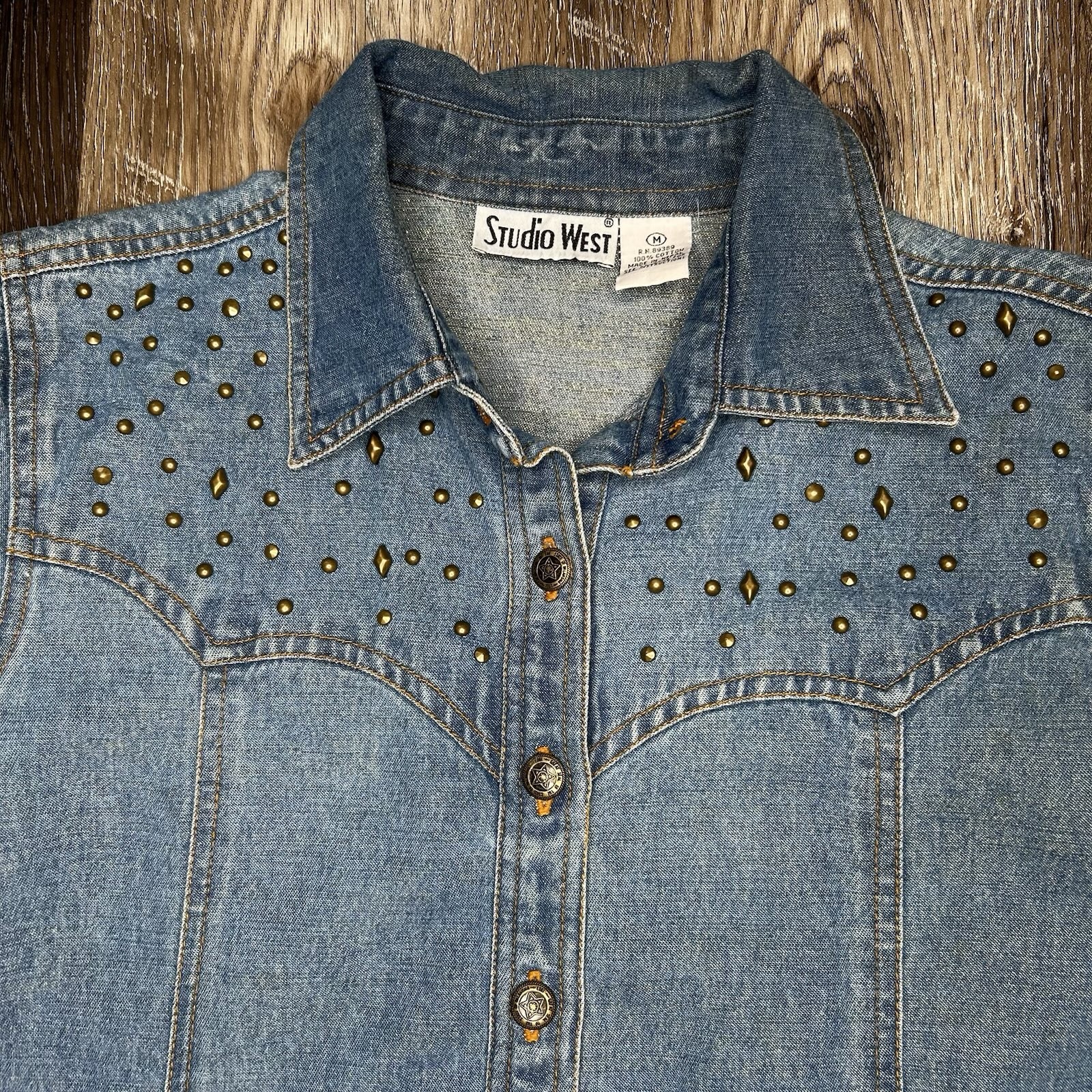 Vintage Studio West Denim Maxi Dress Branded Button Studs Sz M Western Cottage