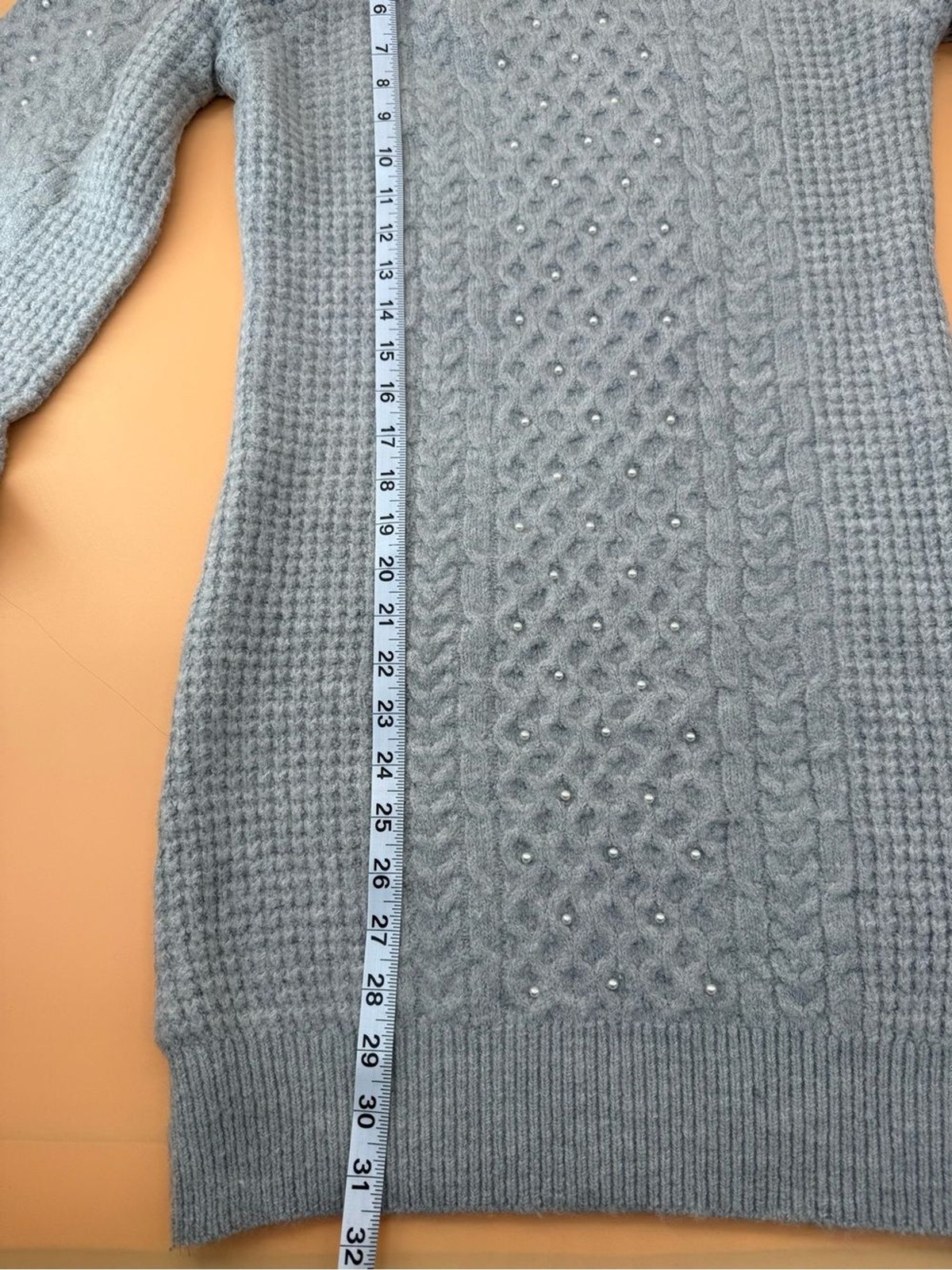 Francesca’s Pale Grey Beaded Pearls Cable Knit Sweater Dress