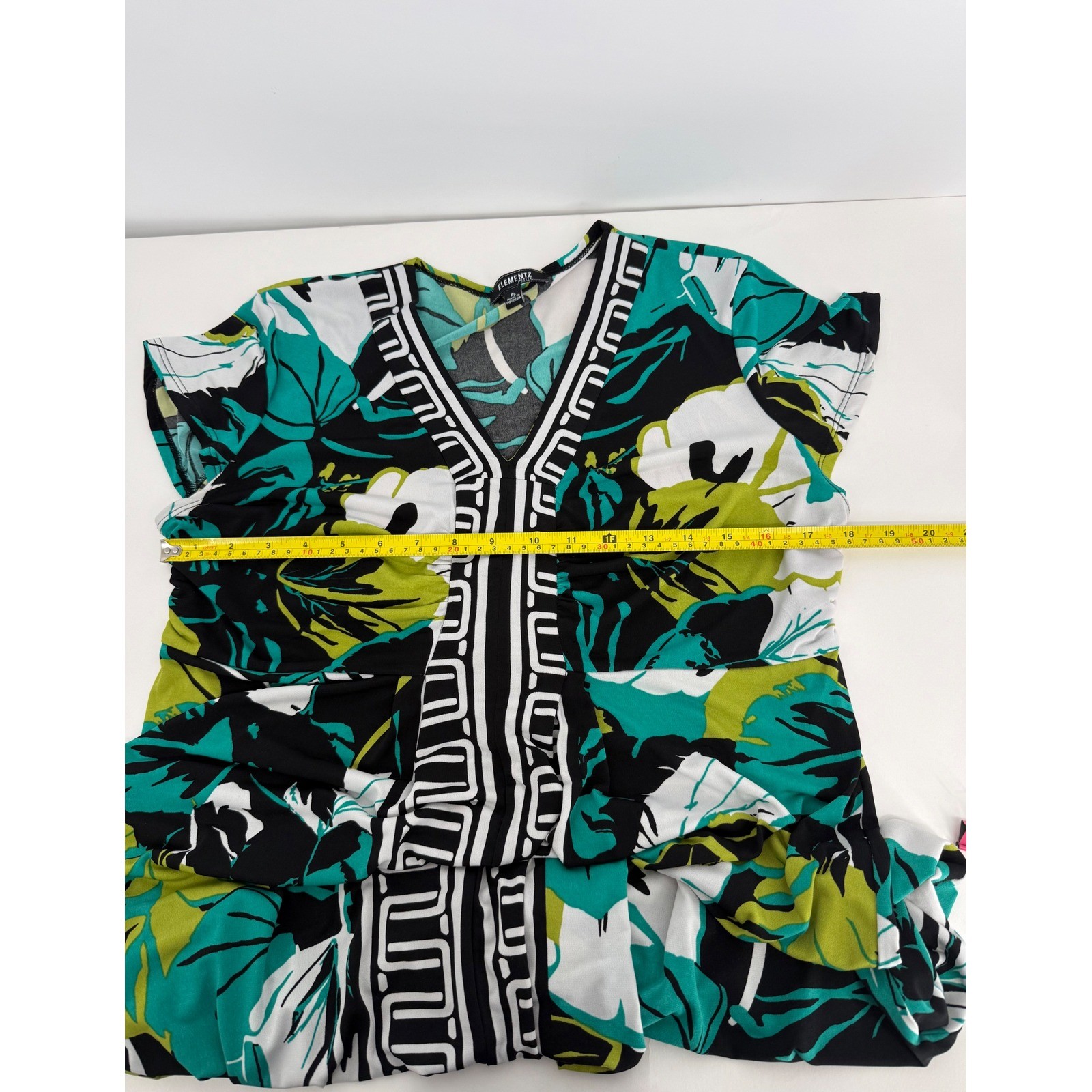 Elementz Petite Womens Tropical Leaf V-Neck Short Sleeve Stretch Dress Sz PL