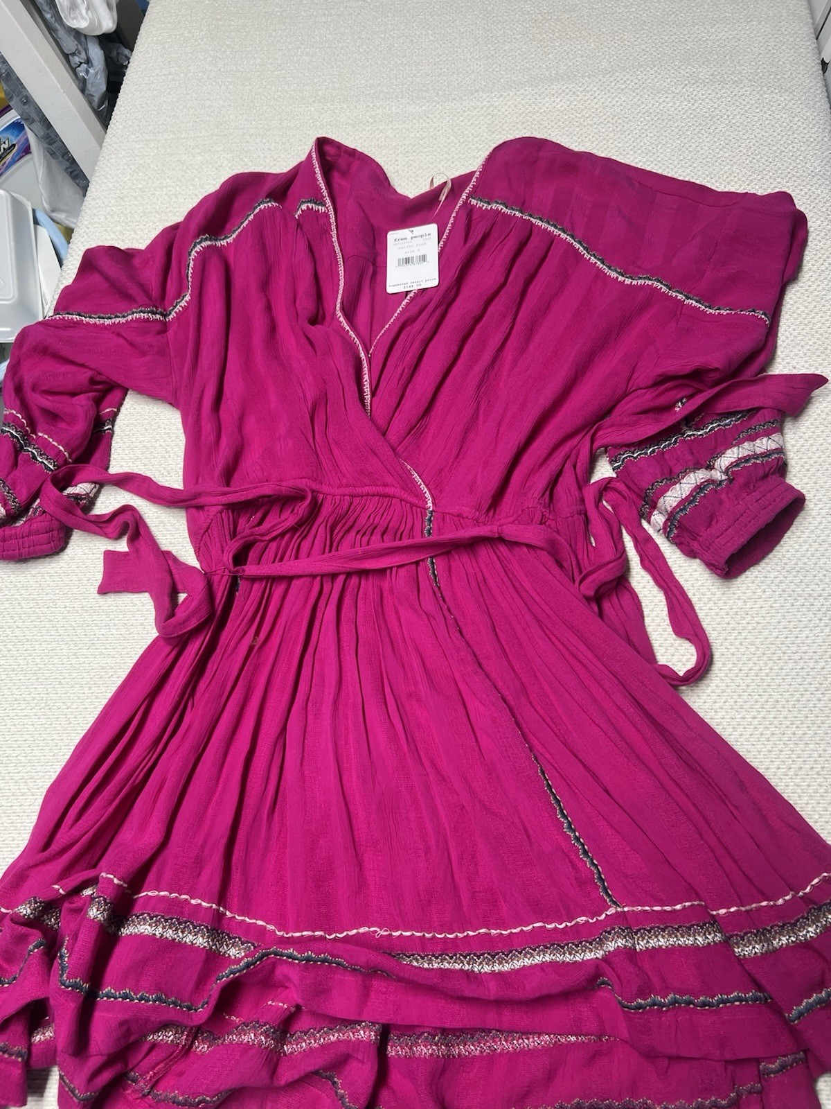 NEW FREE PEOPLE Delilah Embroidered Wrap Mini Dress Size S Pink Festival Boho