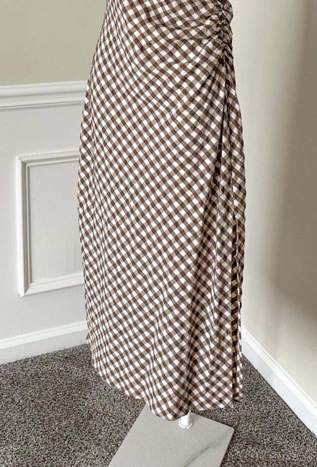 NWT ZARA Sleeveless Gingham Midi Dress Brown White Ruched Slit Women’s Medium