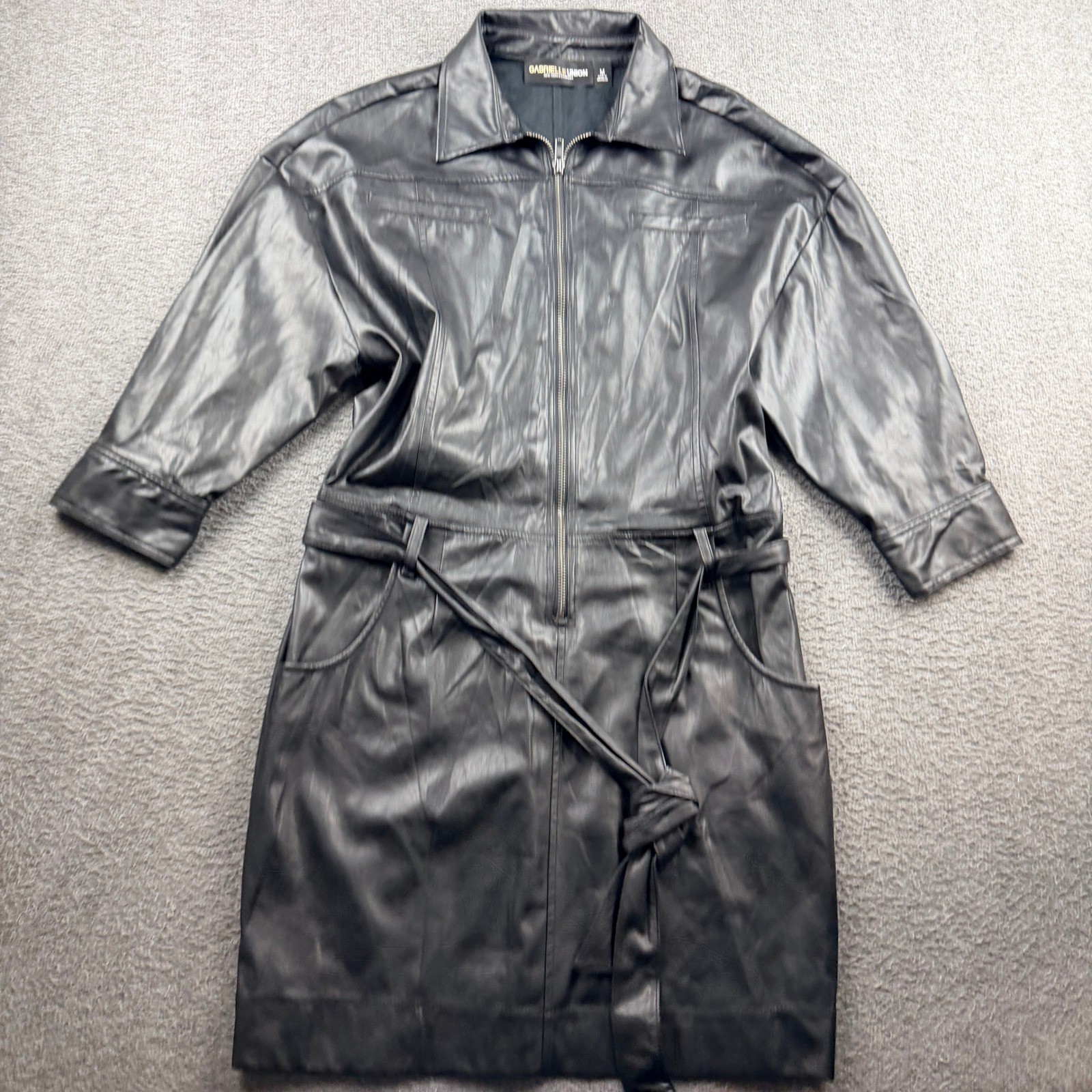 Gabrielle Union New York & Company Faux Sz M Leather Zip Belted Mini Dress Black