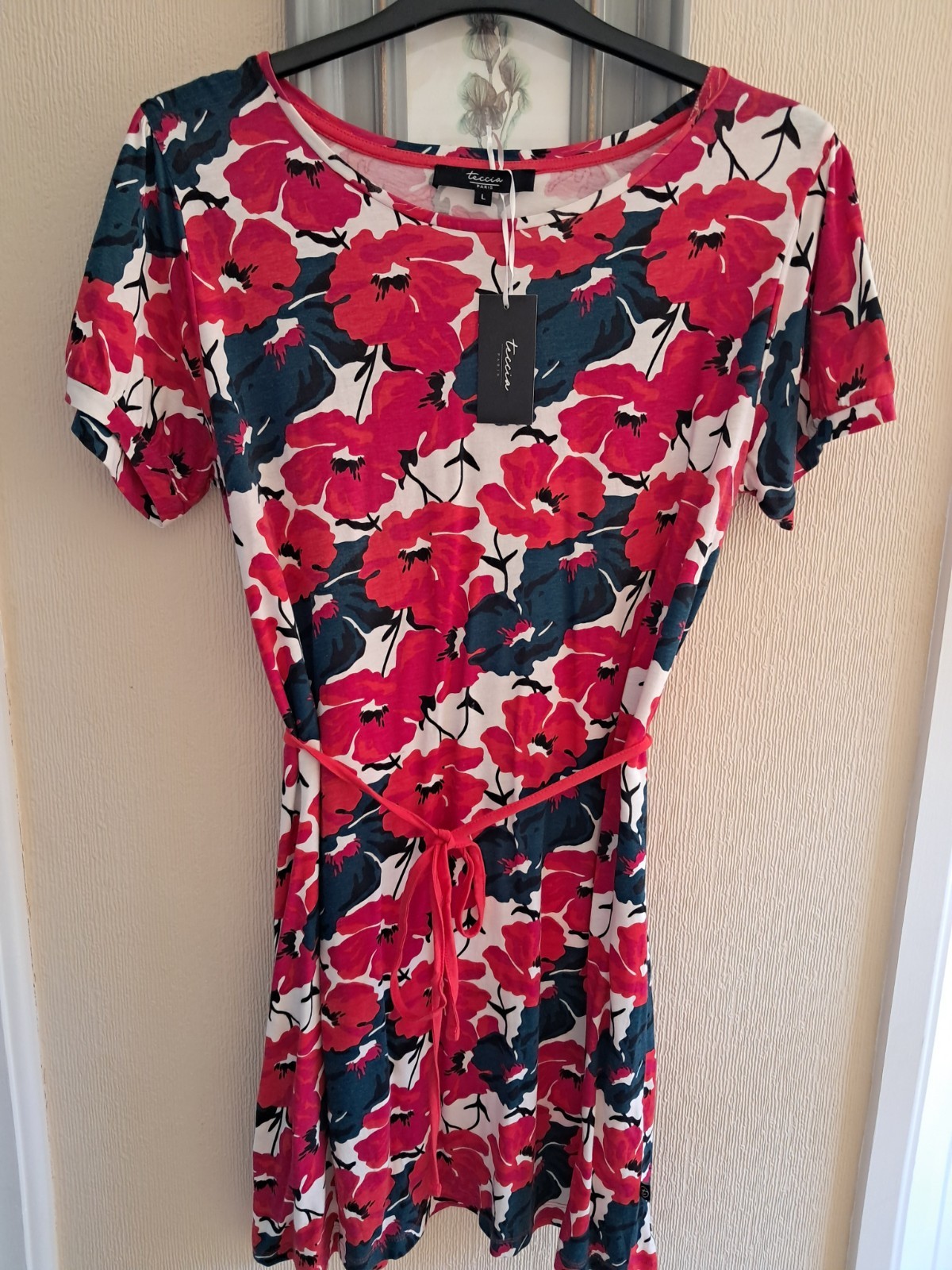 Teccia Paris cotton mix jersey poppy floral short sleeve dress. Large UK 16. New