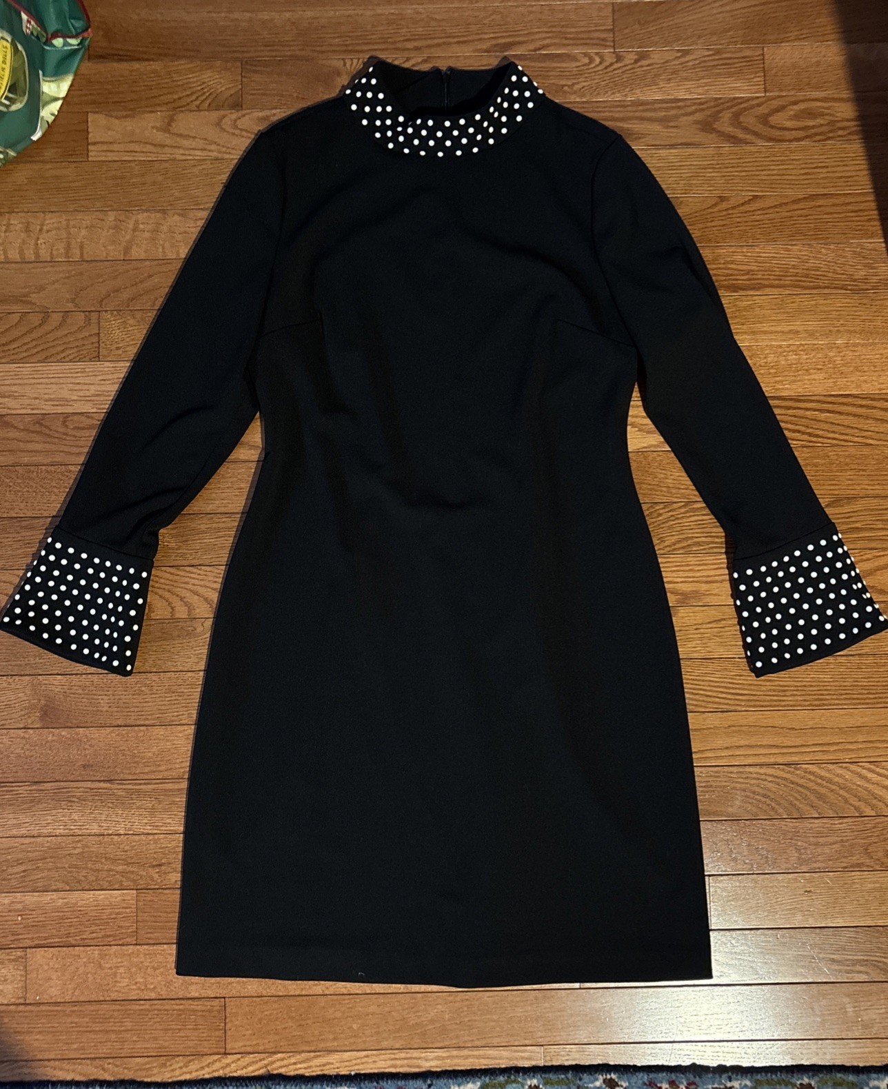 Karl Lagerfeld Paris Black Faux Pearl Trim Bell Sleeves Stretch Dress Size 12