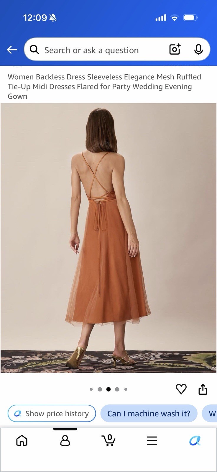 Brown/Rust Solid Mesh Backless Sleeveless Ruffle Tie-Up A-Line Midi Dress M