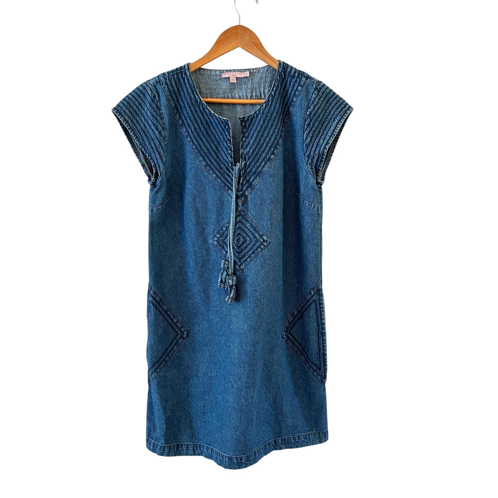 Calypso St. Barth Denim Tunic Dress S Blue Tassel Boho Coastal Euro Summer