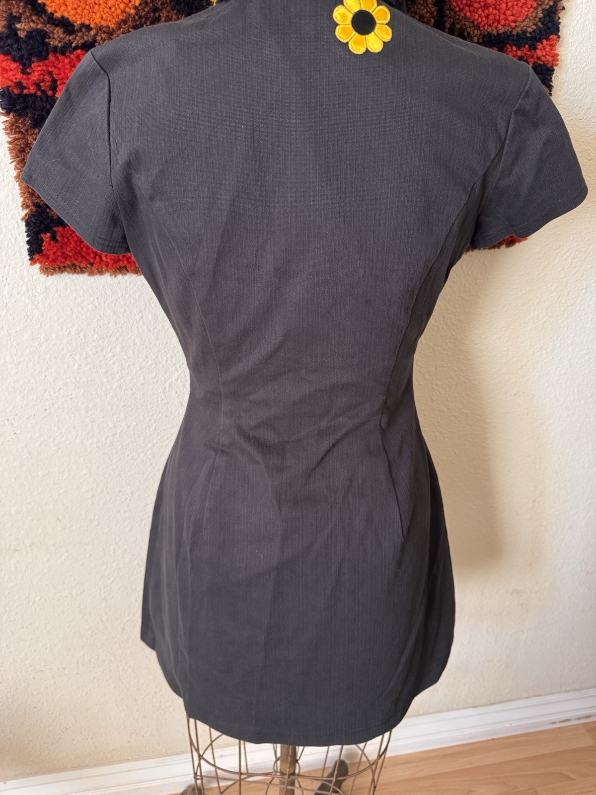 Vintage 90s Y2K Black Zip Front Bodycon Mini Dress vtg Flower Patch Mossimo