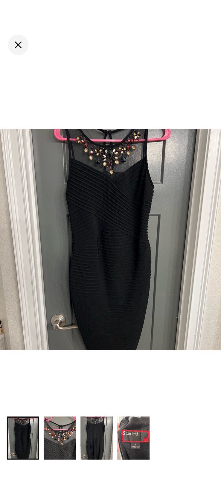 Scarlett Black Dress With Embellished Neckline. Fitted With Ruching Size 4