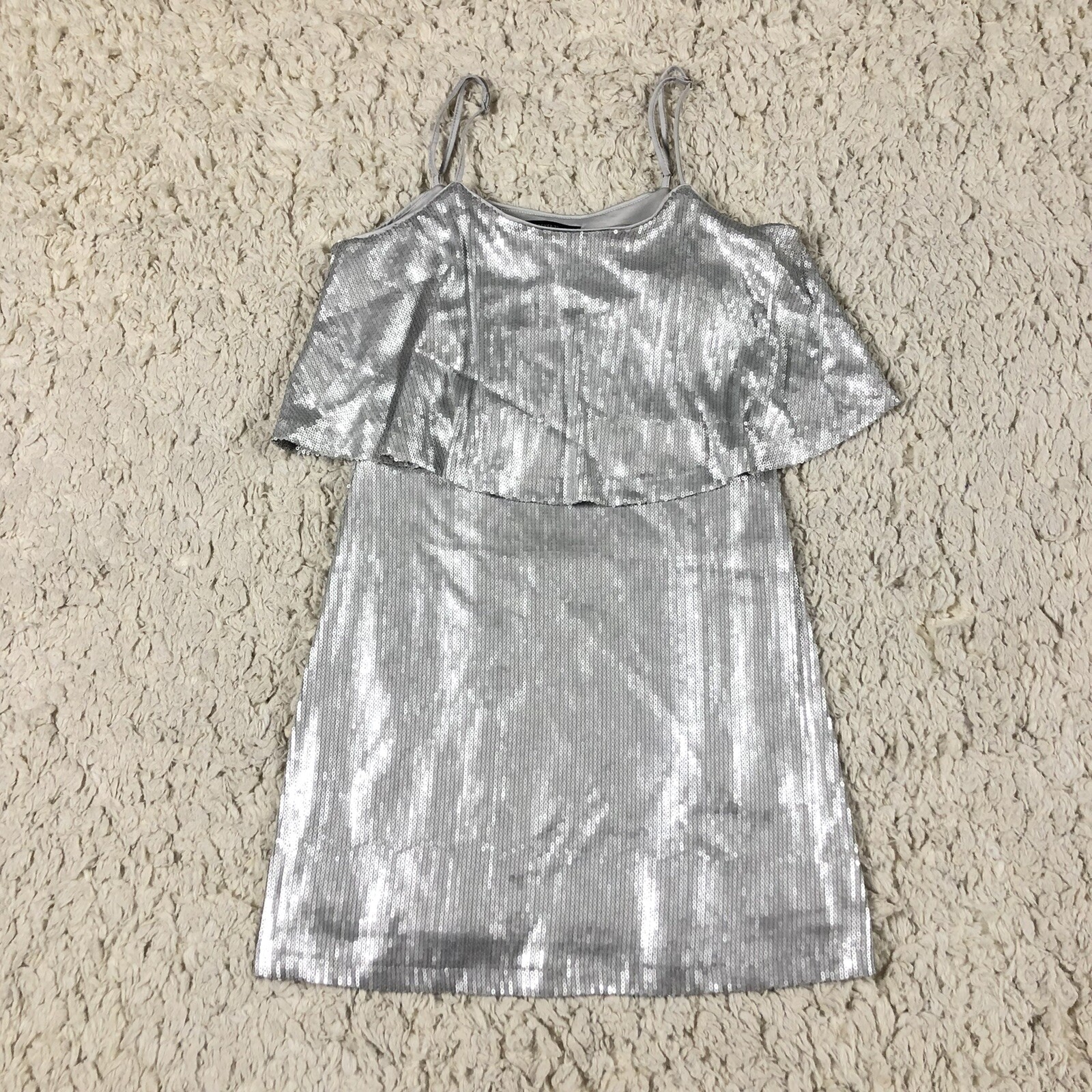 Forever 21 Silver Sequin Stretch Ruffle Mini Dress Womens Small Spaghetti Strap