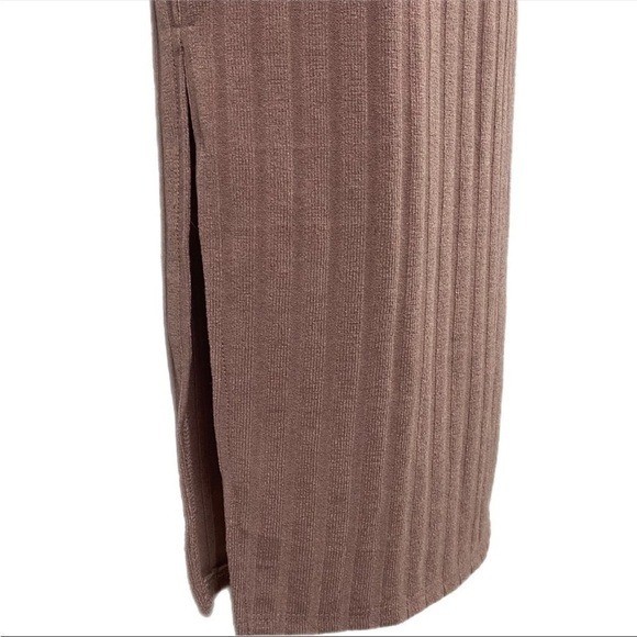 Floret Studios Mocha Ribbed Mock Neck Midi Dress ADR101062 Long Sleeve Side Slit