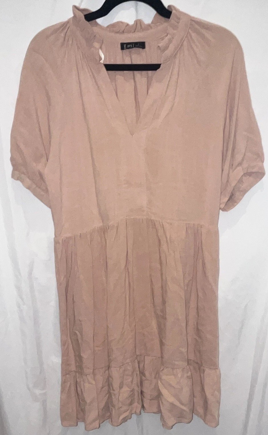 Very J Solid Beige Short A-Line Dress S V-Neck Short Sleeve Ruffle Accents