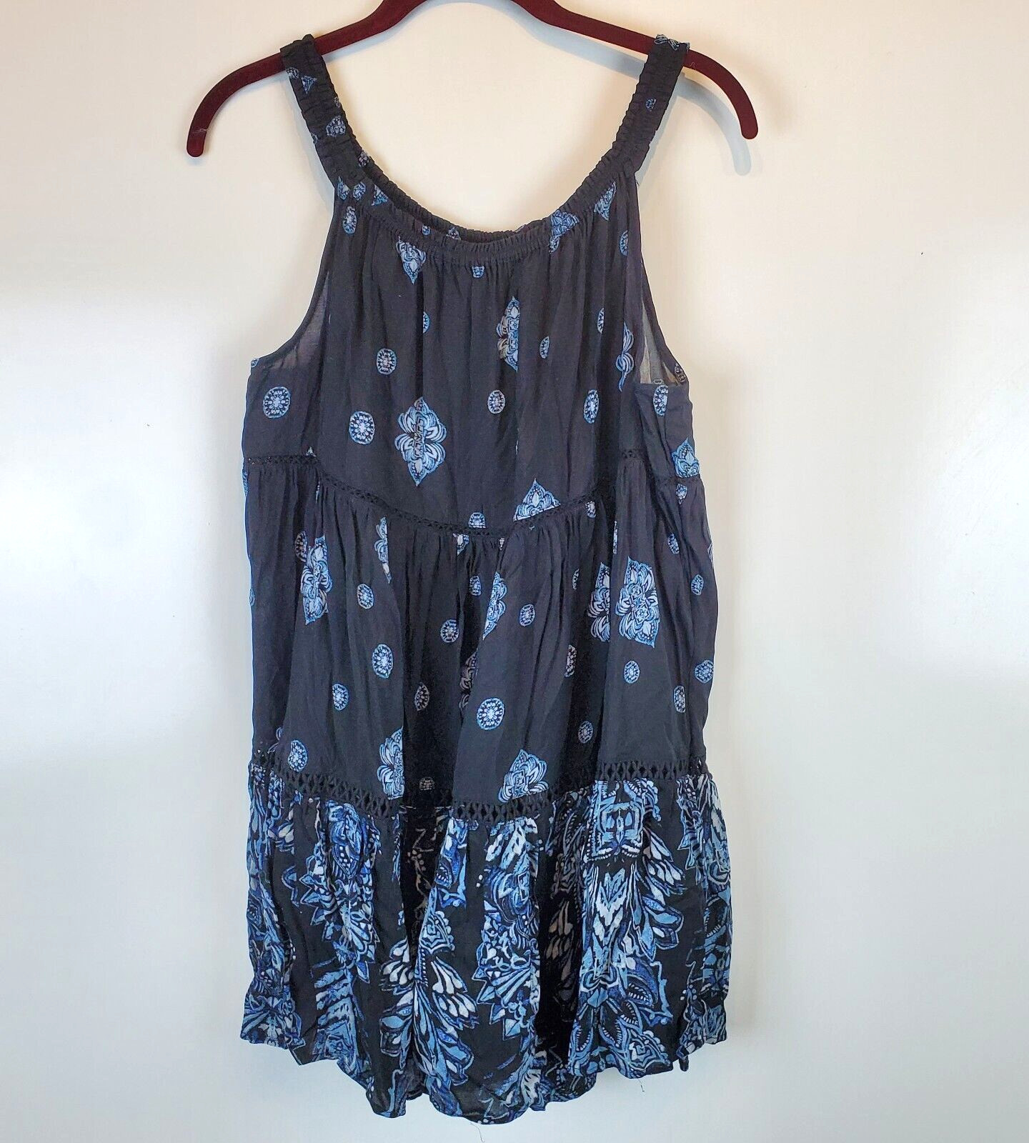 Free People Boho Mini Dress Talk To Me Trapeze Black Blue Flowy Small S