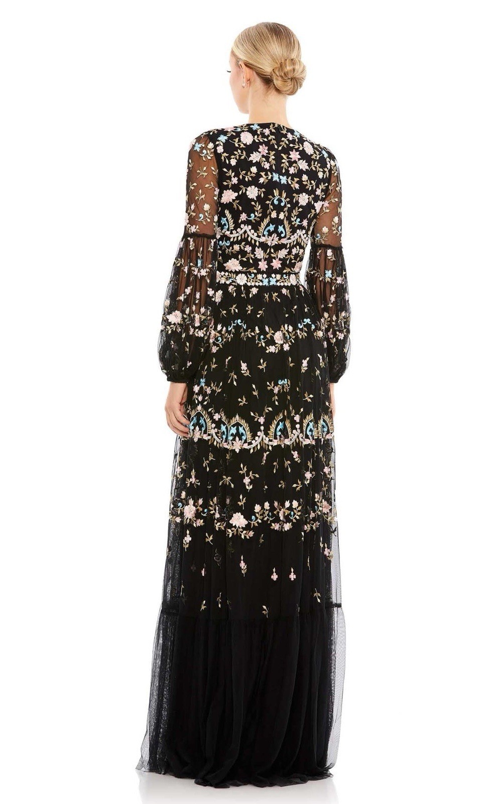 Mac Duggal 35111 Embroidered Floral Gown Black Long Bishop Sleeve Size 8 NWT