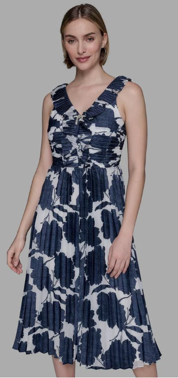 Karl Lagerfeld Midi Dress Size 14 Empire Waist Ruffle Pleated Floral Blue JAN998