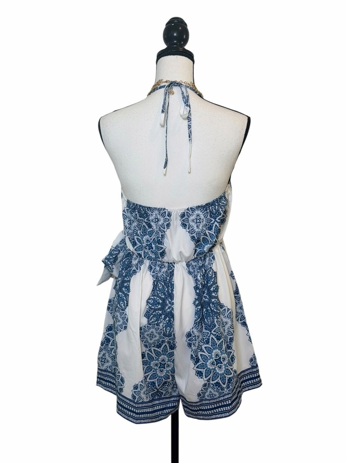 Source Unknown White & Blue Halter Wrap Mini Dress