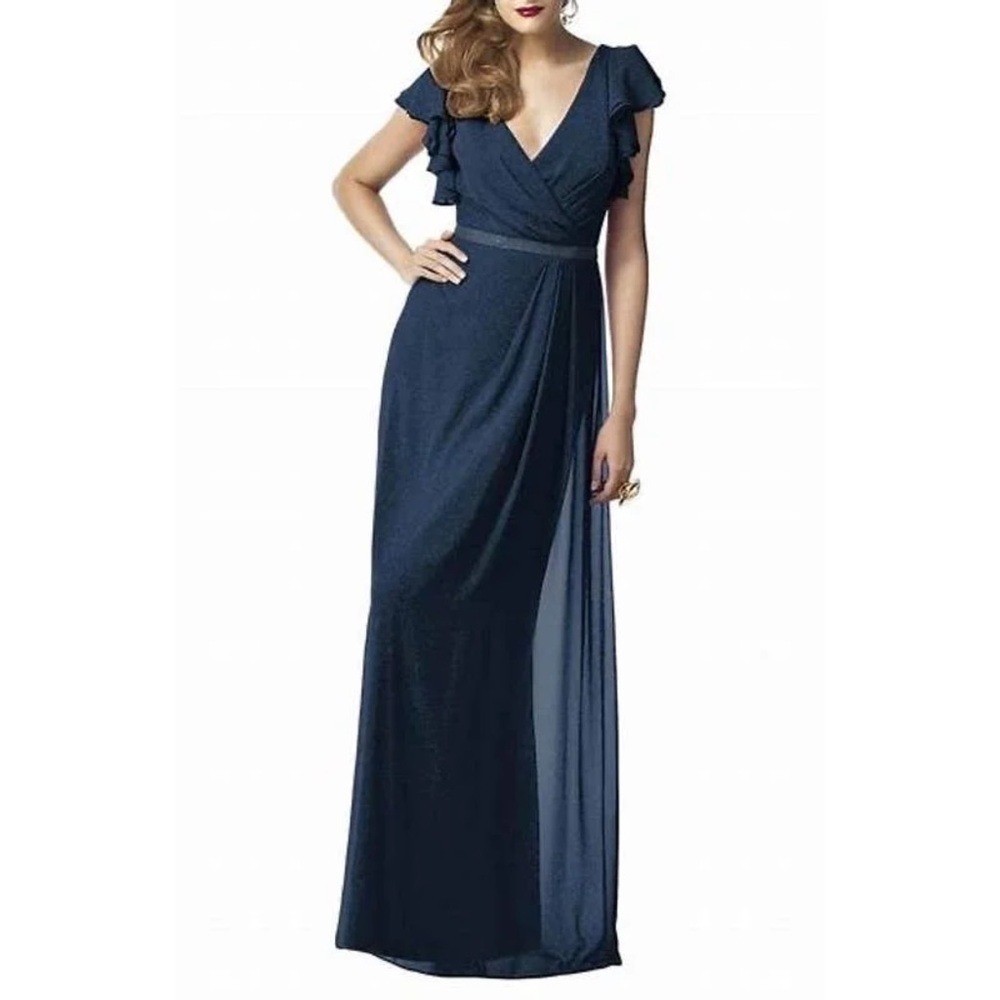 Dessy Collection Women’s Flutter Sleeve Faux Wrap Gown Blue Gold 2874 Size 4