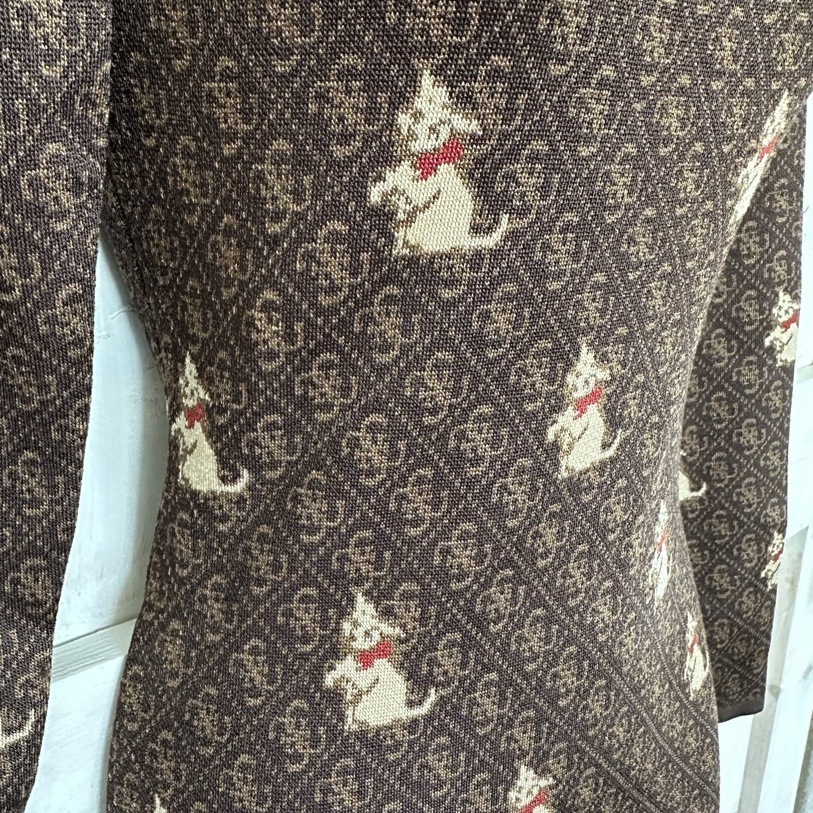 Brandalised Banksy Graffiti Cat Monogram Cutout Mock Neck Mini Dress Brown XS