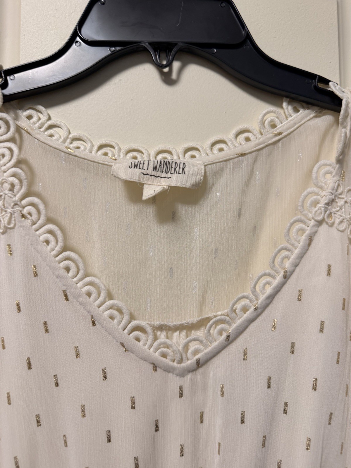 Sweet Wanderer White Gold Metallic Clip Dot Tiered Cottagecore Dress L