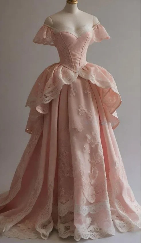 Off Shoulder Pink Lace Corset Ruffle Train Rococo Victorian Vintage Ball Gown