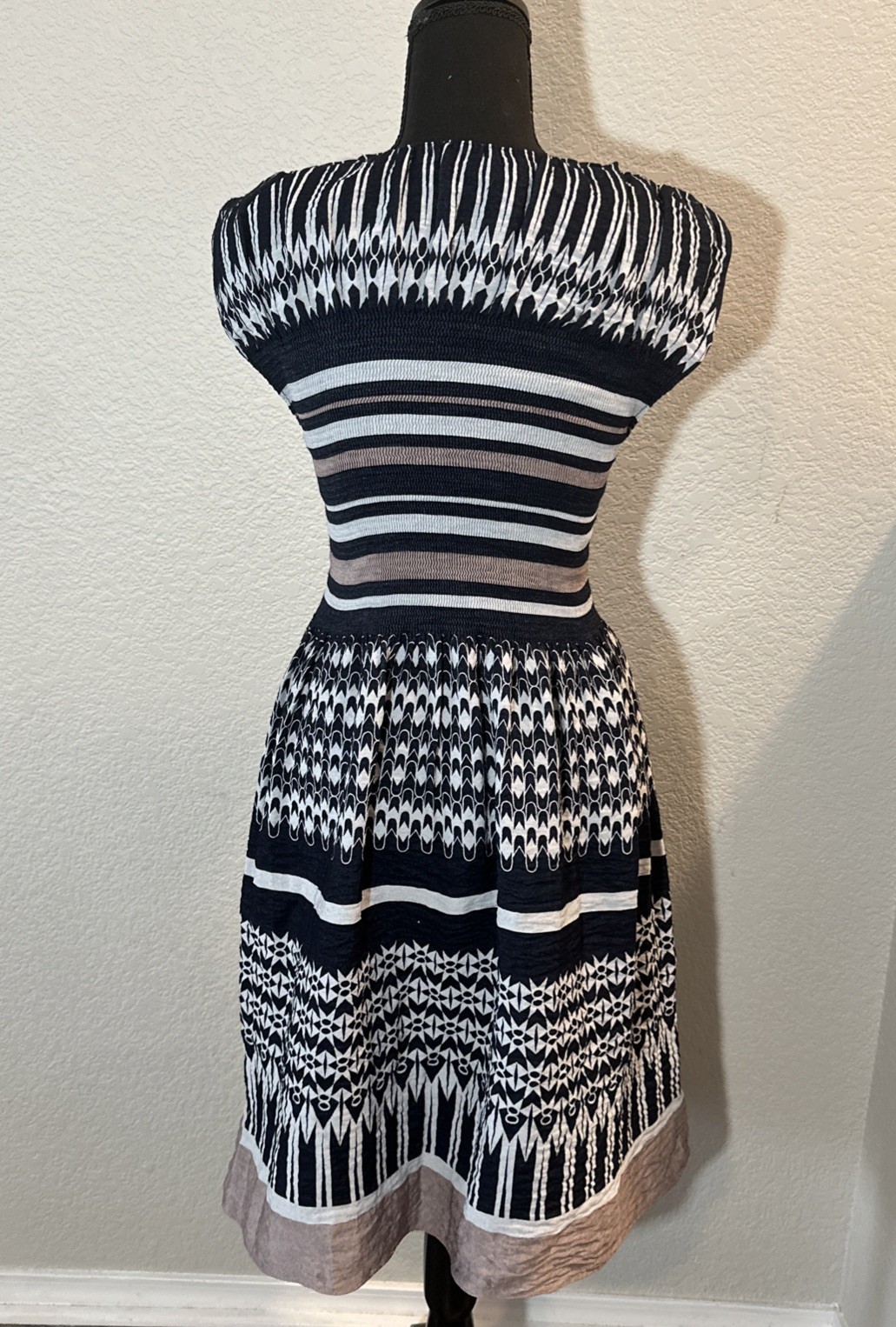 Max Edition Navy Pink Geo Stripe Fit Flare Stretch Dress Sz S