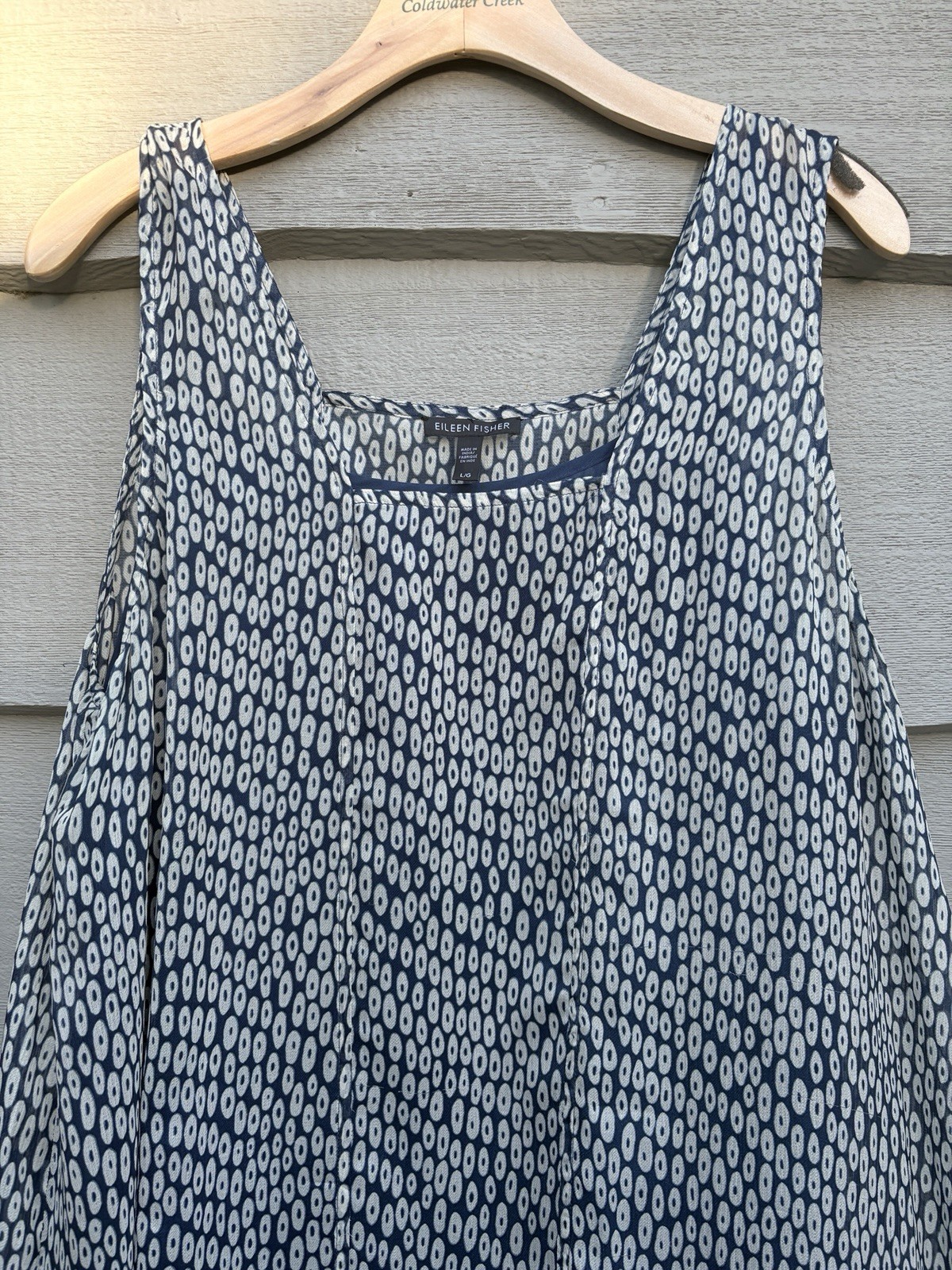 Eileen Fisher Silk Midi Dress Womens Large Blue Patterned Tank Georgette Crepe