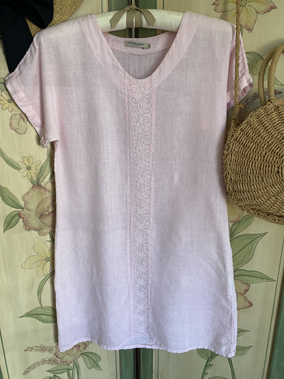 Valentina Naldi Italy Dress Womens XS 100% Linen Embroidered Blush Pink