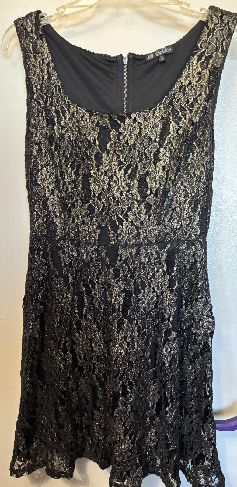 BeBop Dress Women’s Size Jr’s Medium Black Gold Lace Overlay 3/4 Sleeveless