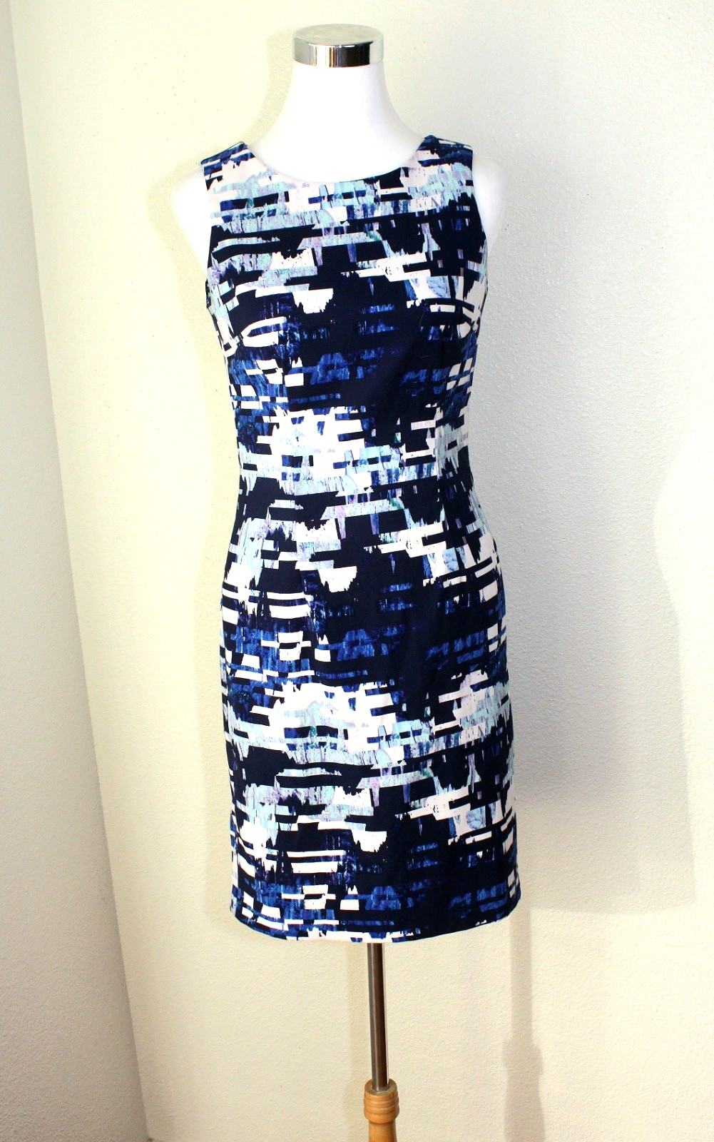 Minimalist MARIO SERRANI Mini Sheath Dress Sz. 2 Blue White Black Abstract #03