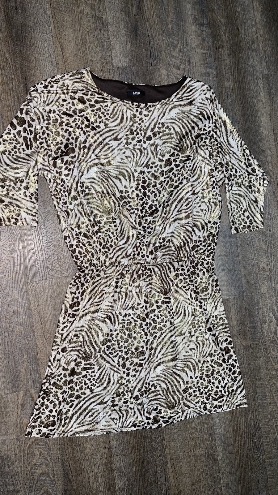 MSK A-Line Dress Scoop Neck 3/4 Sleeve Short Leopard Metallic Knit M
