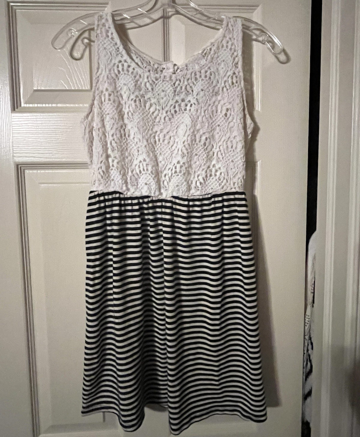 Juniors Speechless Sleeveless Scoop Neck Lace Striped Fit & Flare Knee Lined L