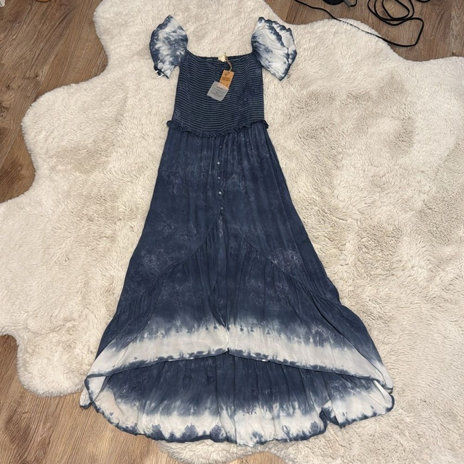 Surf Gypsy Blue Tie Dye Smock Top High-Low Maxi Dress with Flutter Sleeve