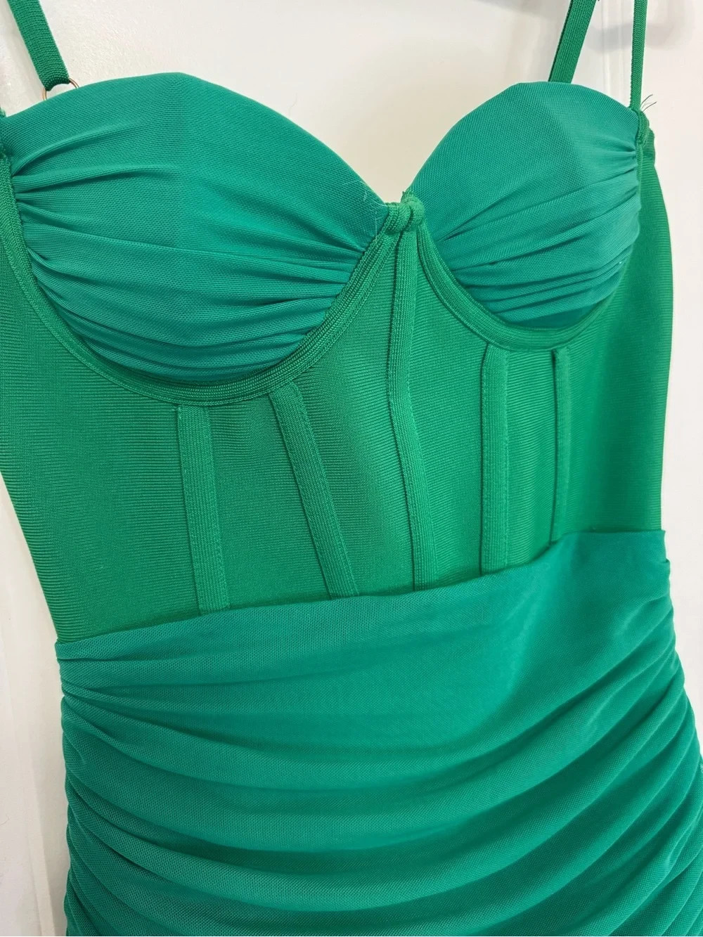 Ruched Emerald Bustier Mini Dress with Adjustable Straps