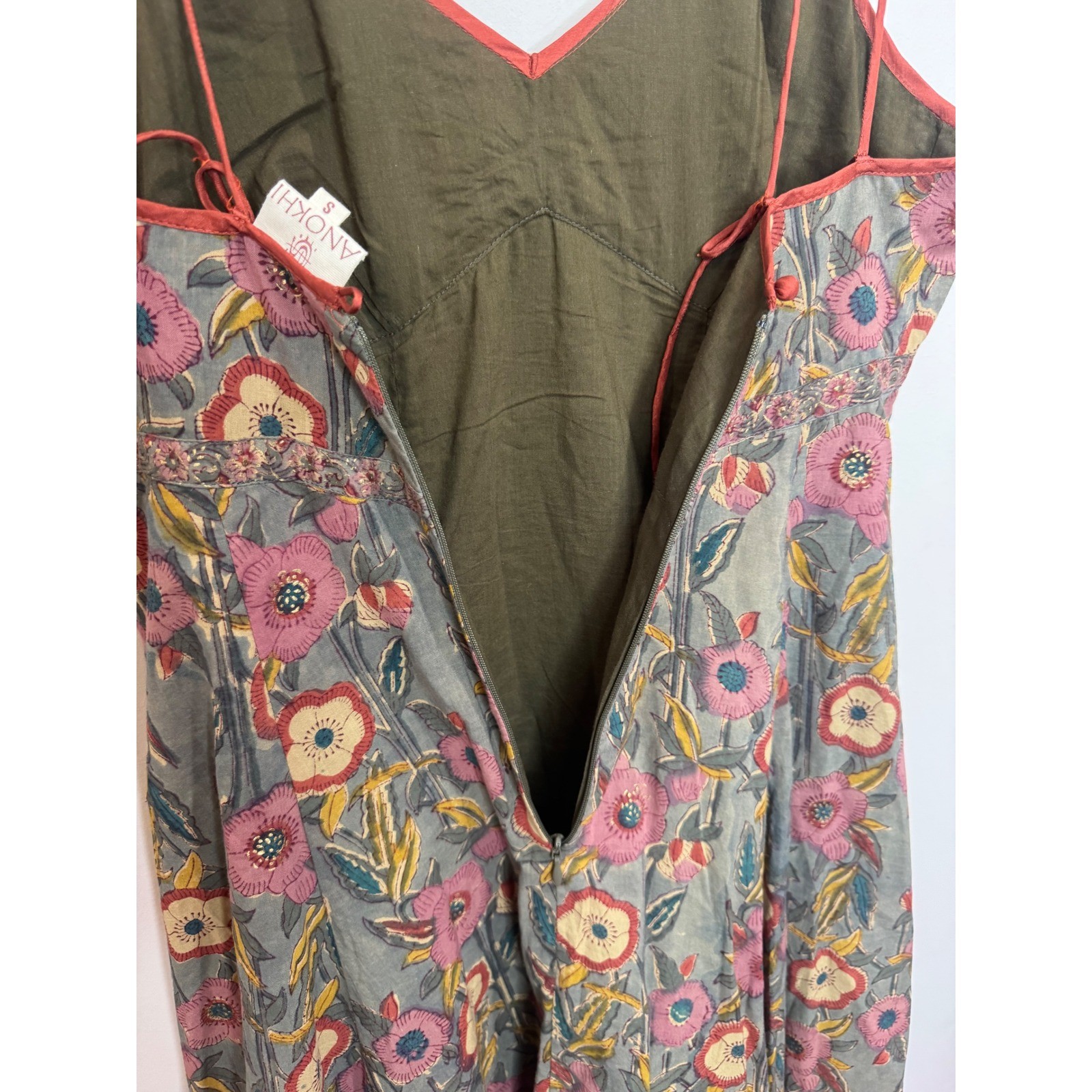 Anokhi Floral Maxi Spaghetti Strap Dress Sz S 100% cotton