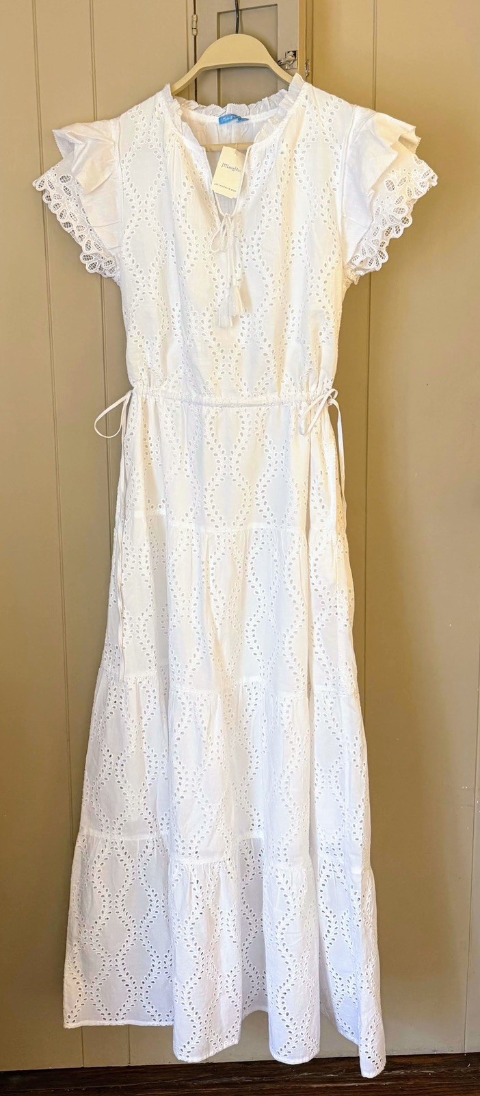 J.McLaughlin Elana White Eyelet Cotton Maxi Dress Flutter Sleeve NWT Size Small