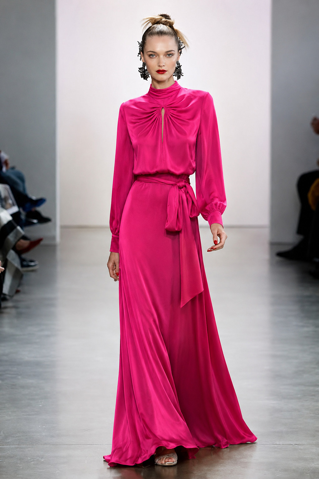 NWT Fuchsia Badgley Mischka Keyhole Maxi Gown Long Sleeve Tie Waist sz 4 Modest