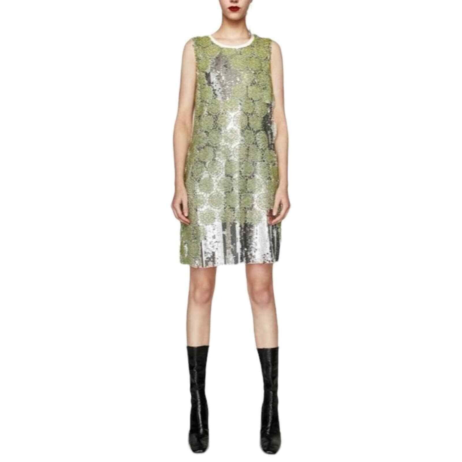 Zara Lime Green Silver Sequin Crochet Layered Sleeveless Mini Dress, size M