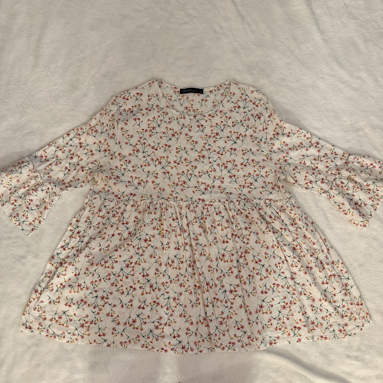 Zanzea White Pink Yellow Floral Bell Sleeve Short A-Line Dress Round Neck XXL