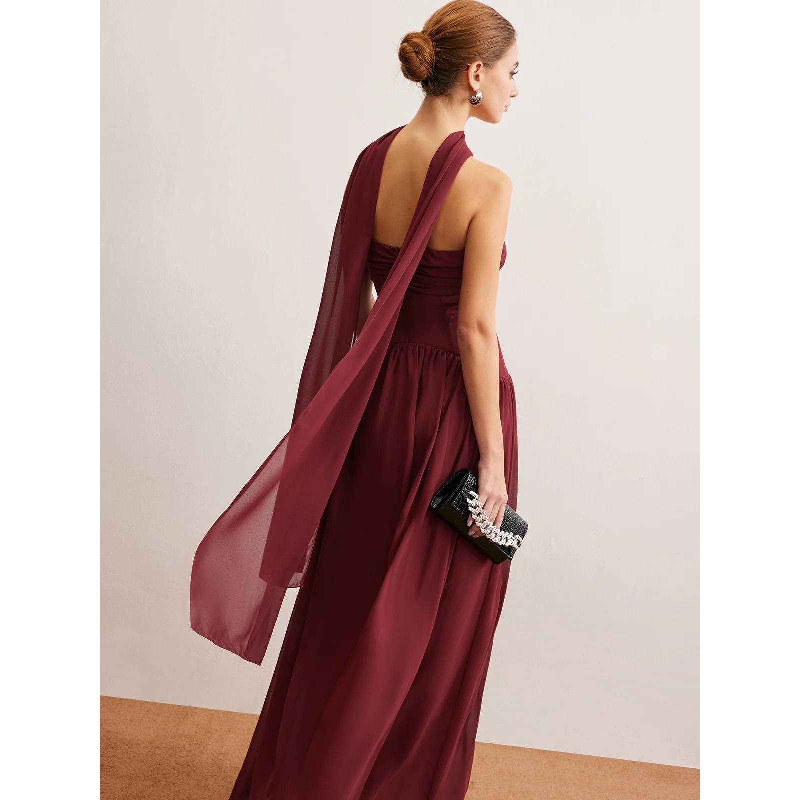 Commense Burgundy Chiffon Strapless Maxi Dress Formal Gown Elegant Party M US 6