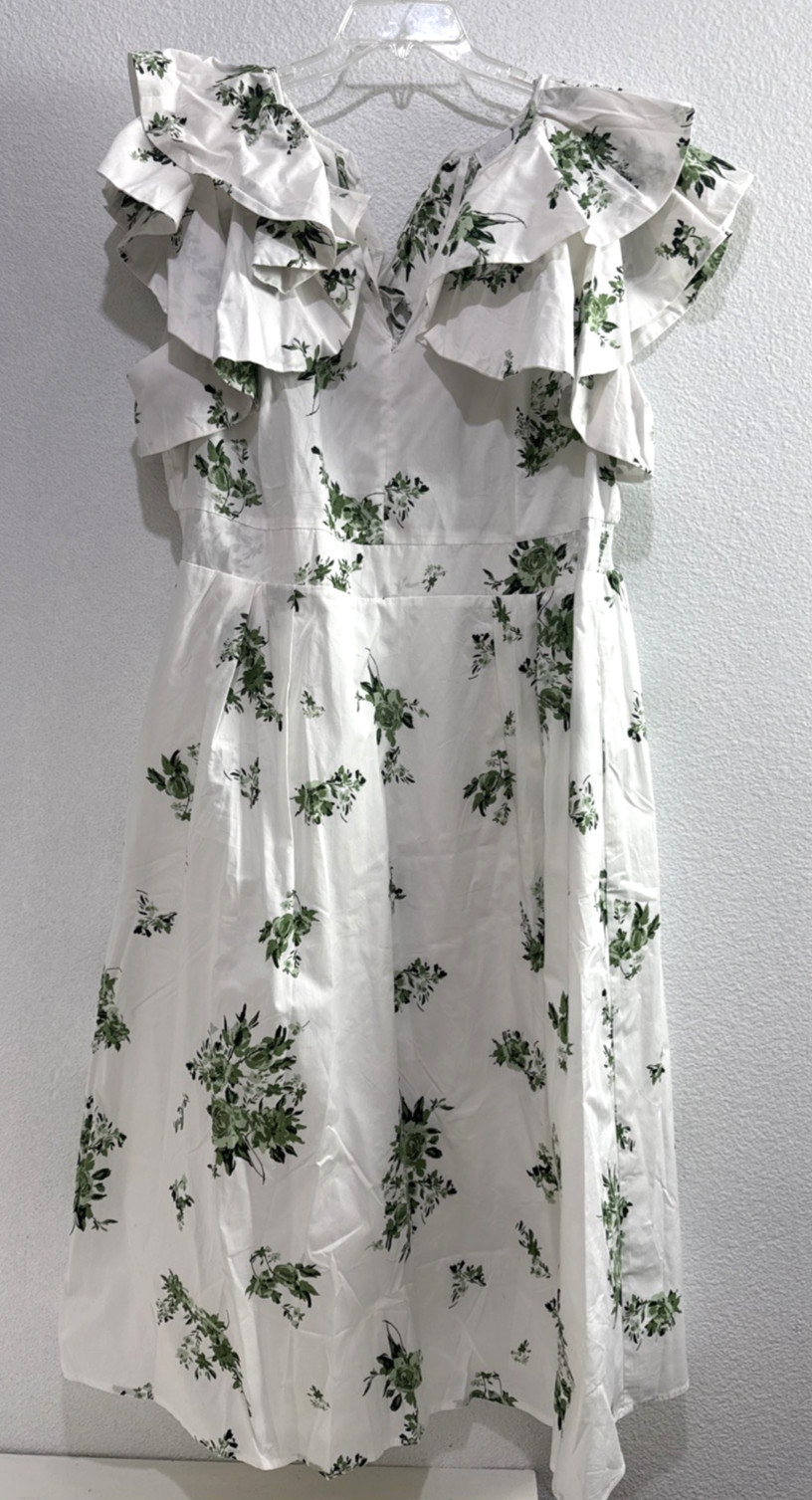 SugarLips Ria Floral Santana Tie Back Midi Emerald White Dress Plus Size 2X