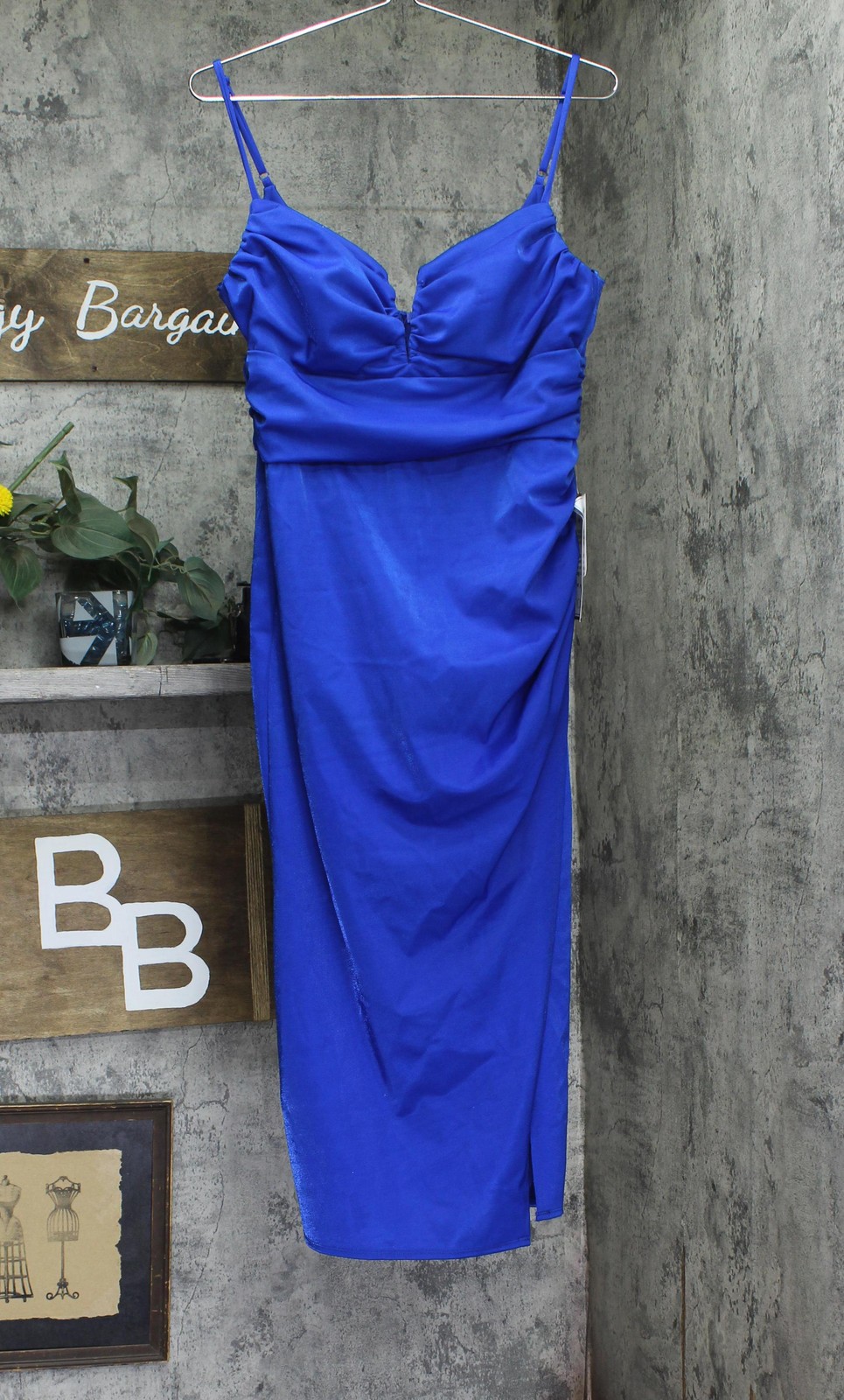B. Darlin Notched Neck Side Slit Knit Bodycon Midi Dress Royal Slim Blue XL